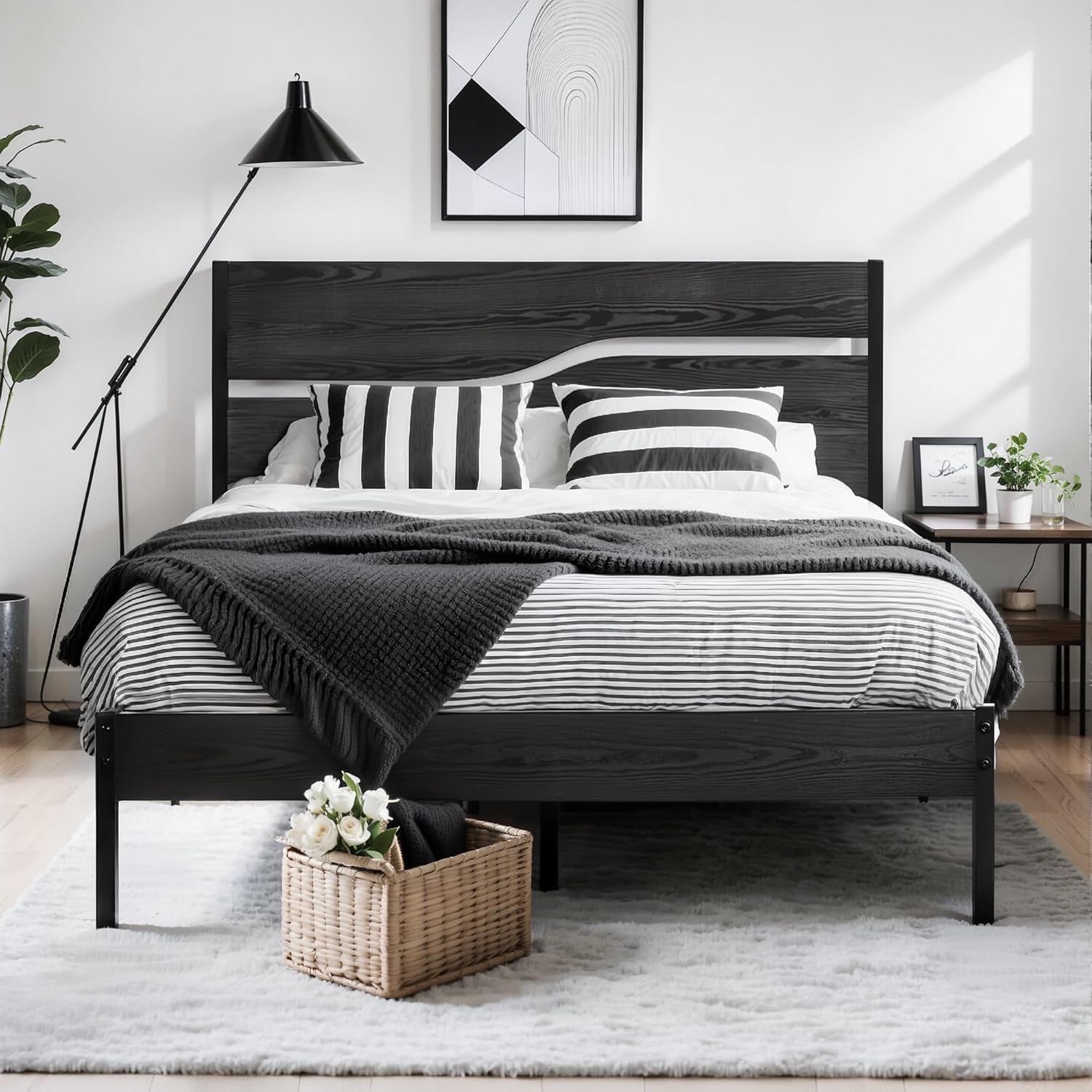 VECELO Bettgestell 140x200 cm aus Metall und Holz, Doppelbett mit Holzoptik-Kopfteil, Lattenrost, Stauraum, Geräuscharm, Einfache Montage, Schwarz