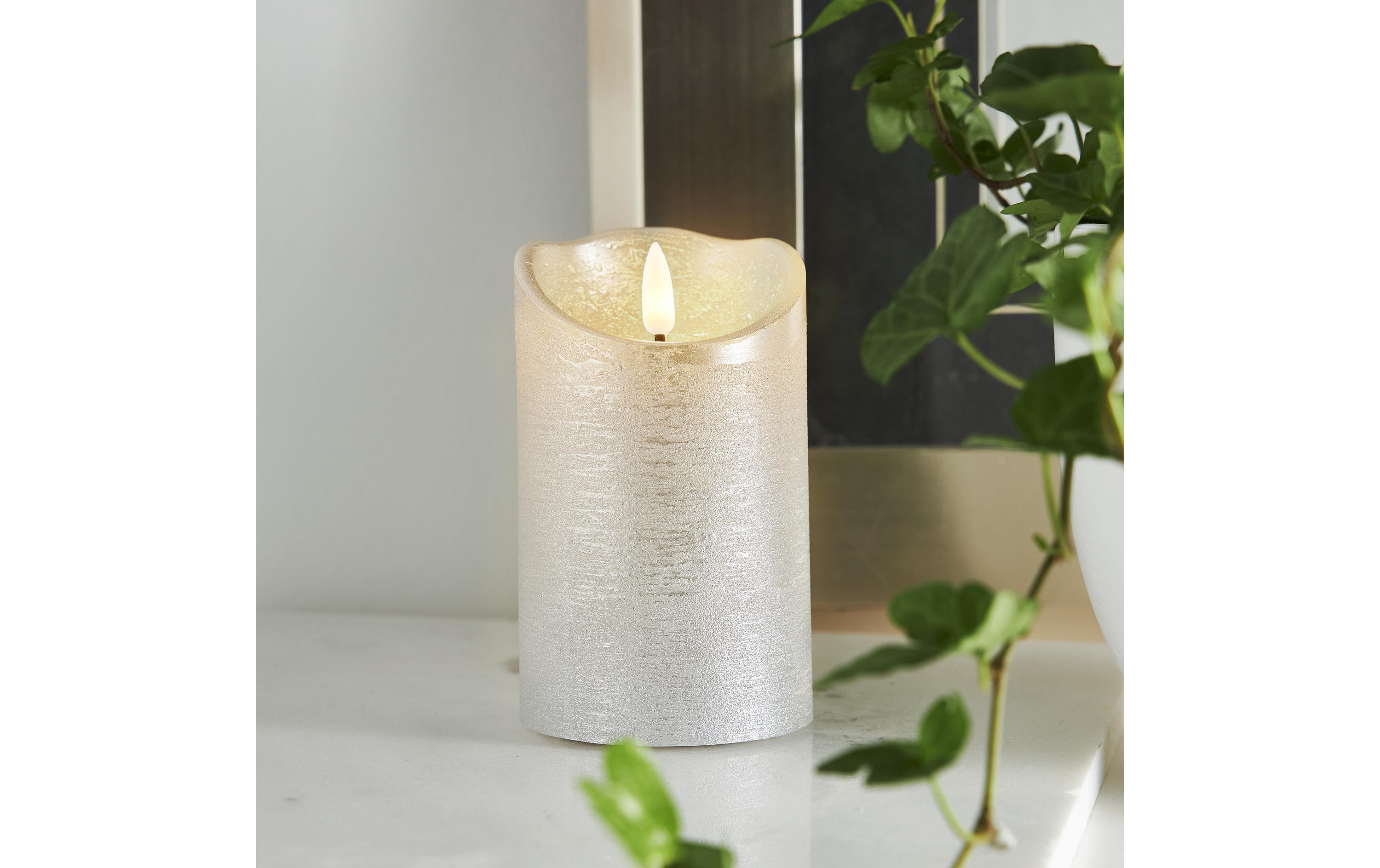LED-Kerze Flamme Rustic, Ø 7.5 x 12.5 cm, SilberLED-Echtwachskerze für Innenbereich mit Timer-Funktion