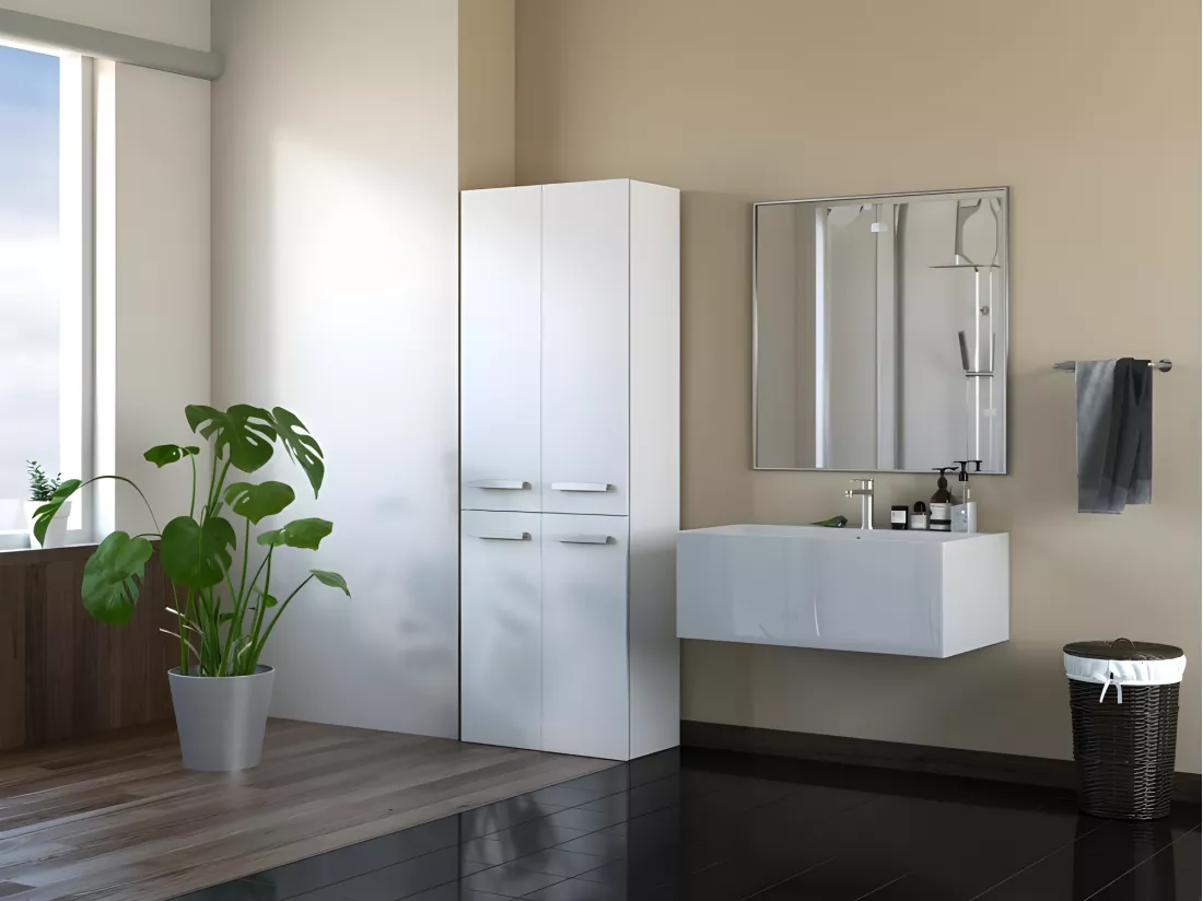 ELLOS | Armoire de salle de bain avec deux paniers | Poignées minimalistes | 174x60x30 | Colonne de rangement