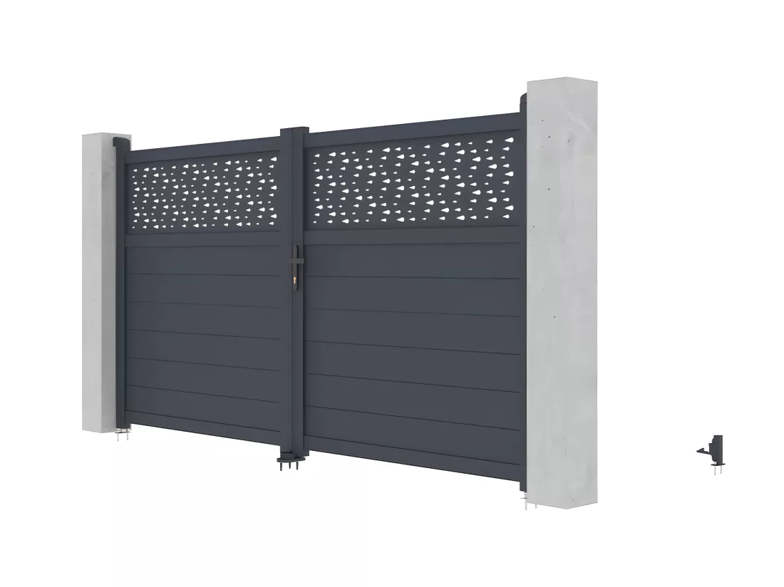 Portail battant aluminium semi plein à motifs L305 x H166 cm anthracite - BAZIO