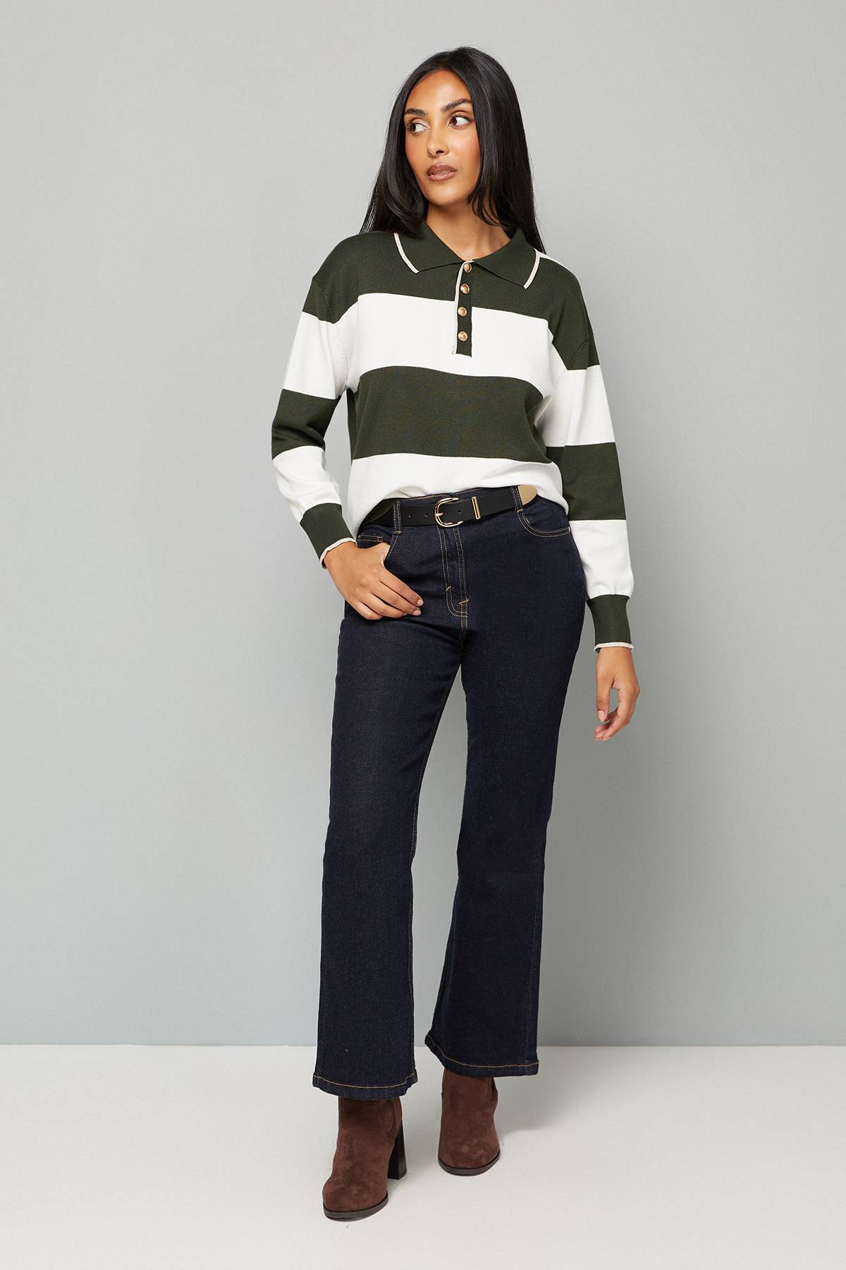 Wallis synthétiquell Polo Rayé à Col Petite Khaki