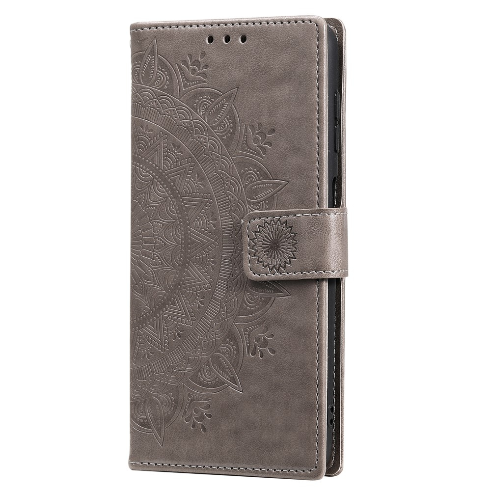 Samsung Galaxy S25 Ultra Leder Tasche Wallet - Mandala Flowers Imprint - Grau