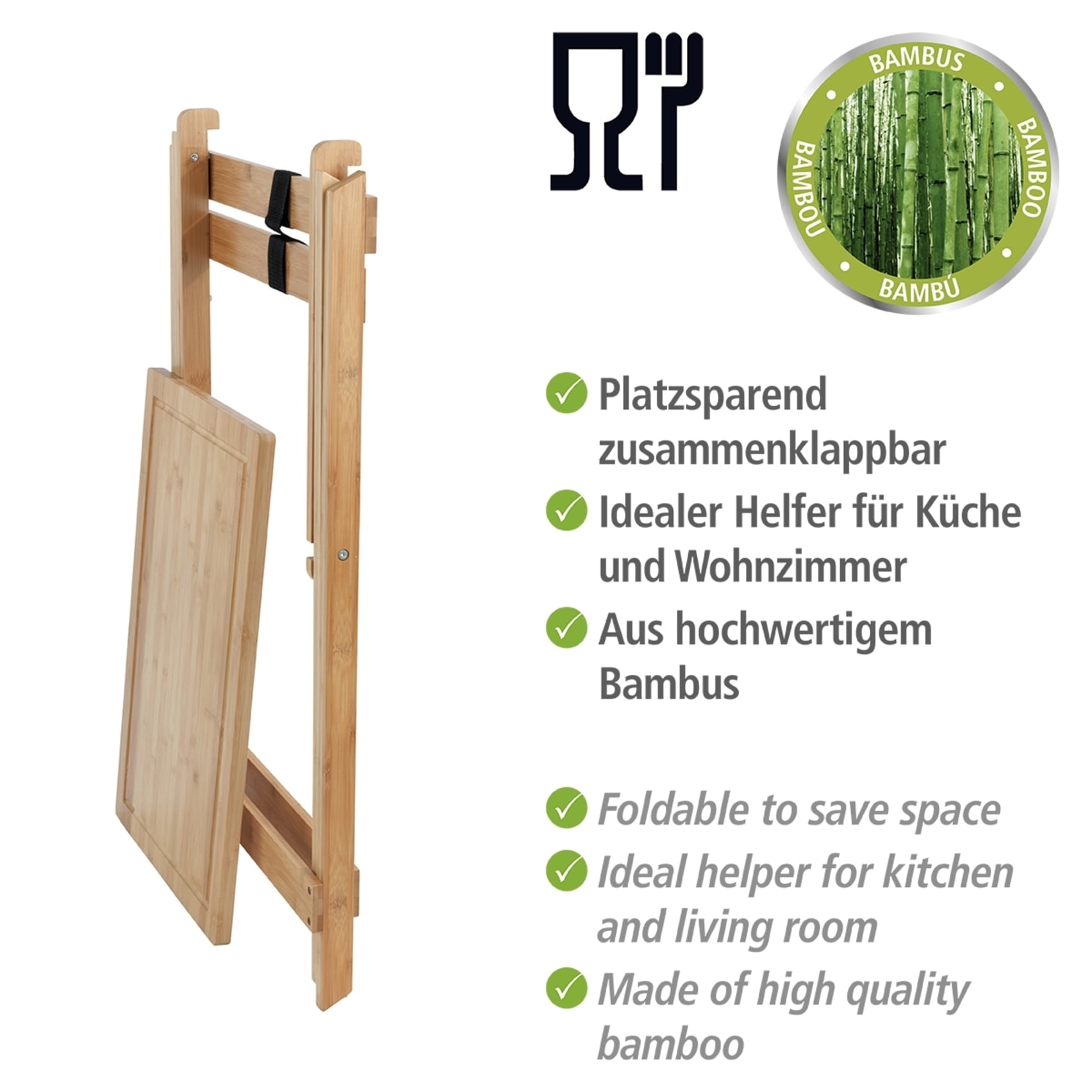 WENKO Klapptisch »Modell Lugo« Beistelltisch mit Schneideplatte und abnehmbarem Tablett, Bambus
