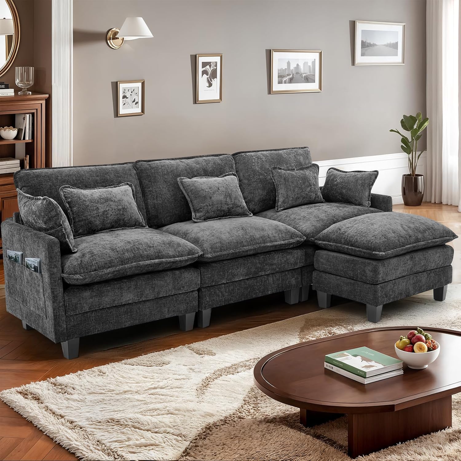 Modulares Ecksofa Sofa, L-förmige Couch fürs Wohnzimmer, extra Tiefe, Bequeme Chenille-Wolkensofas mit Dekokissen und beweglichem Ottoman (Schwarz, 3 Sitze mit 1 Ottomane)
