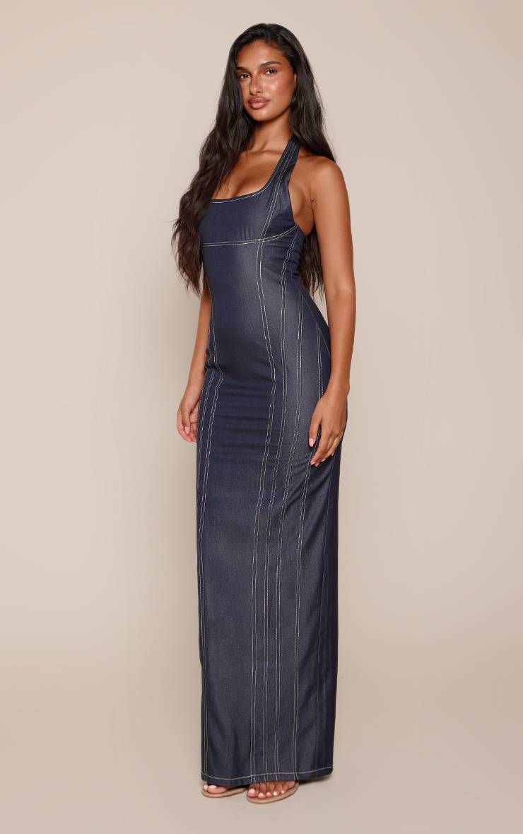 Bleu Marine Robe Longue Moulante À Col Licou Avec Détails De Coutures Contrastées