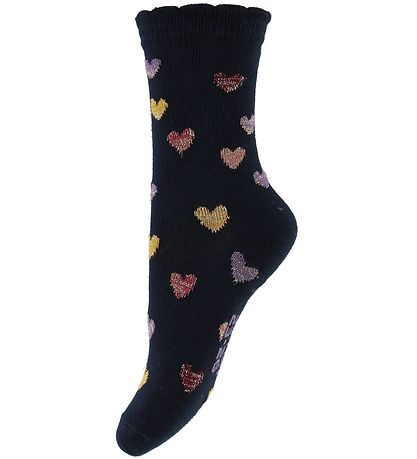 Melton Socken - Navy m. Herzen/Glitzer