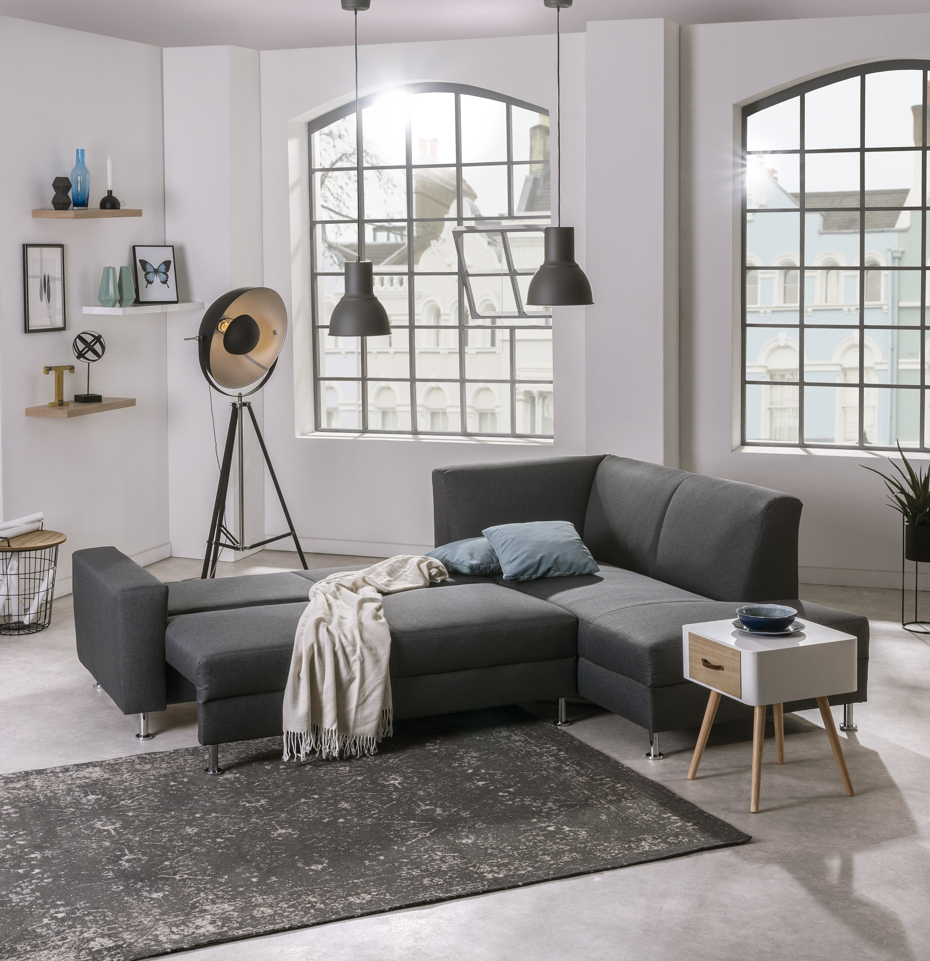 Max Winzer Cicero Ecksofa rechts mit Schlaffunktion Flachgewebe graphit Schlafsofa