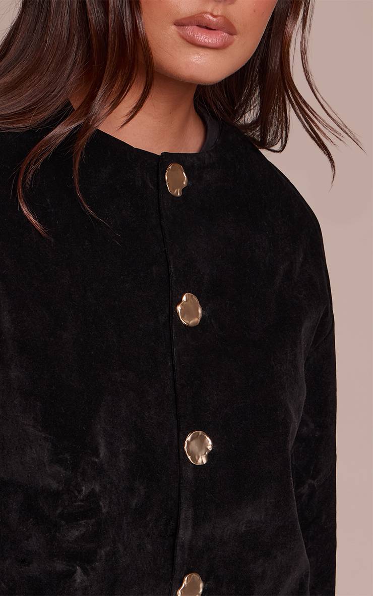 Noir Veste En Daim Col Rond Boutons Dorés