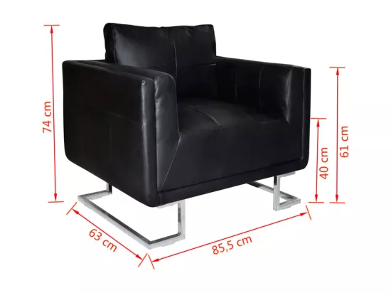 Fauteuil cube avec pieds chromés Noir Similicuir