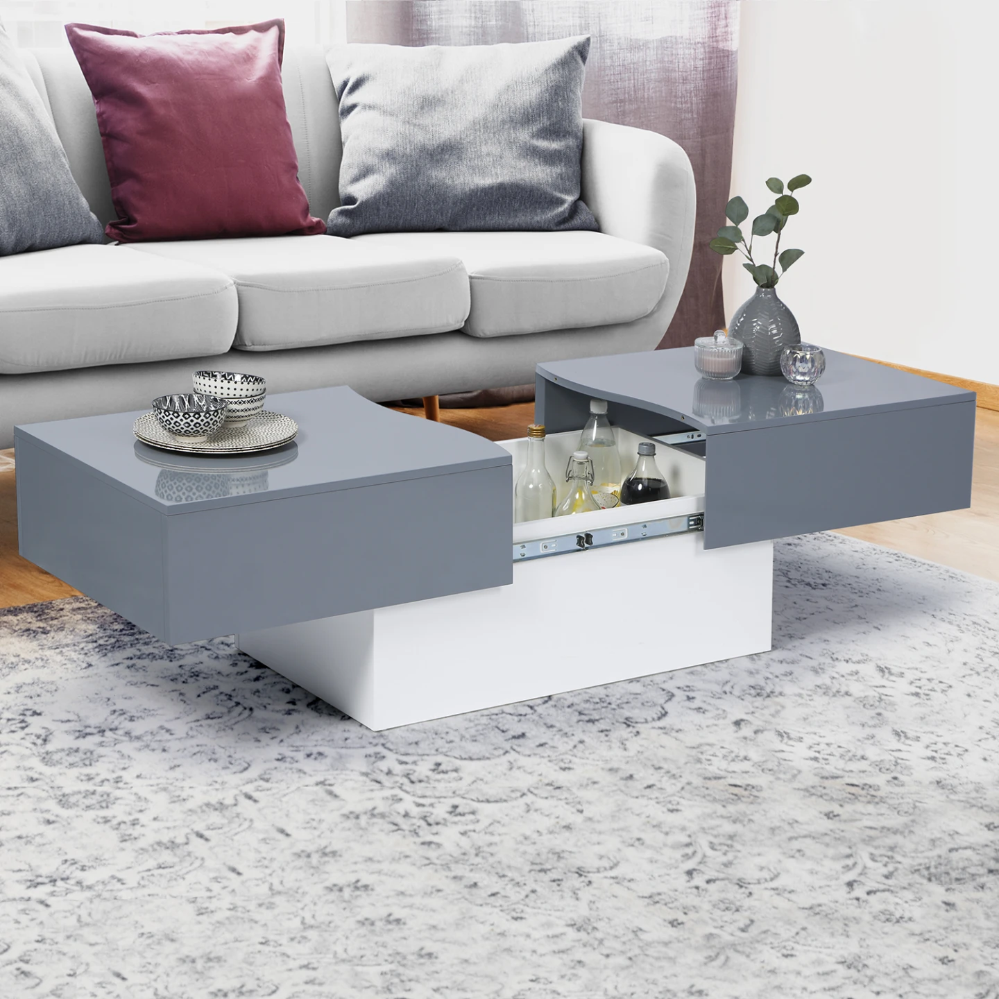 Table basse coulissante rectangulaire MARTA bois blanc et gris
