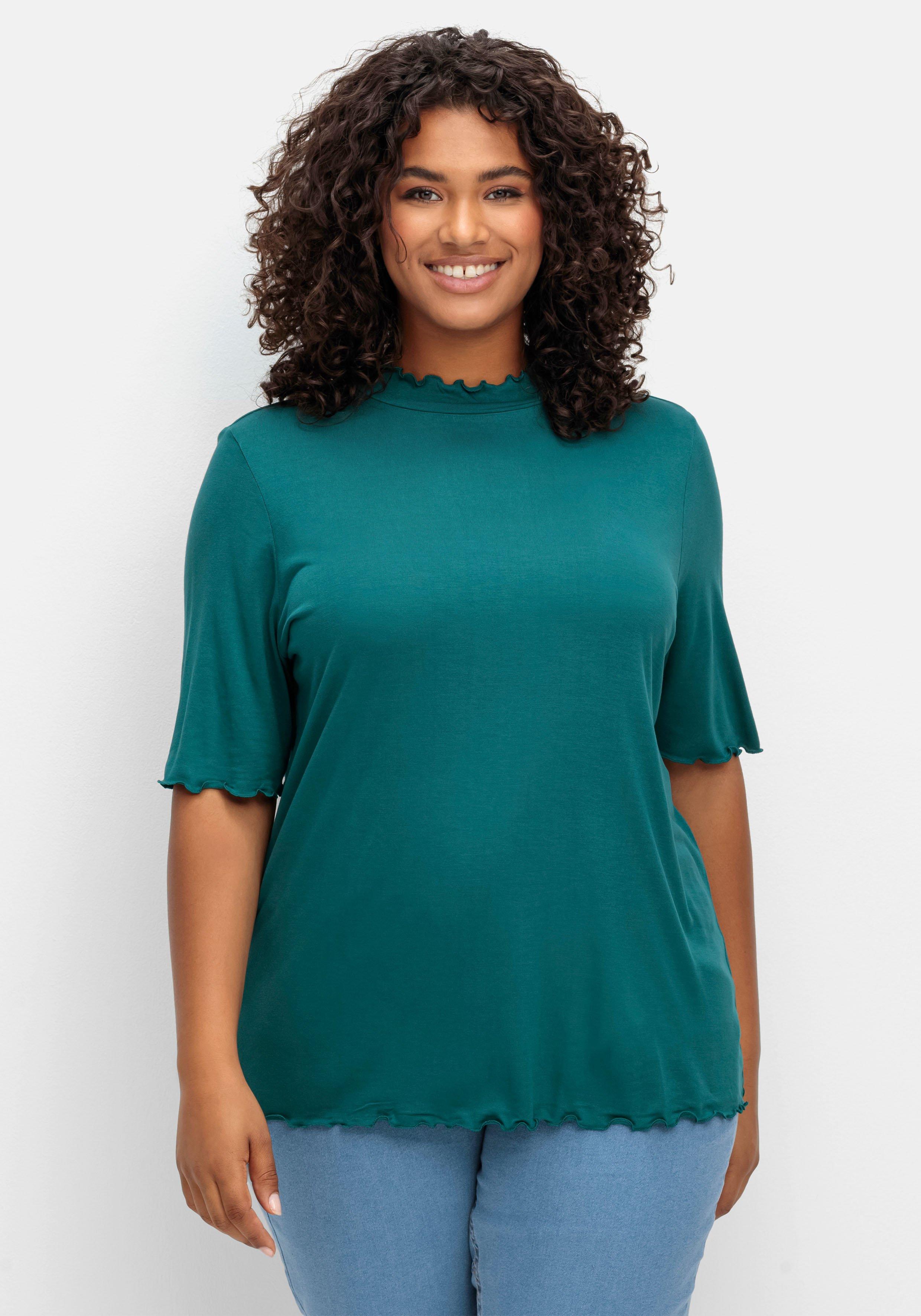 Shirt mit Stehkragen und Wellensaumkanten