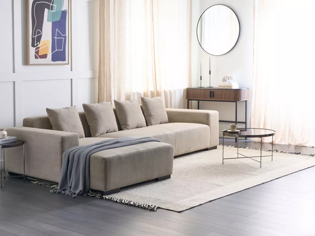 Canapé Angle à gauche 4 Places en Velours Côtelé Beige avec 4 Coussins Supplémentaires Lungo