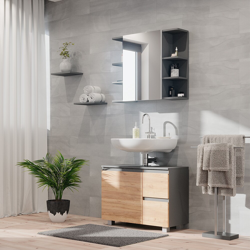 Vicco Waschtischunterschrank Waschbeckenunterschrank Badschrank J-shape Anthrazit Eiche modern 80x61cm Badezimmer Schrank Badmöbel Schranktür Schrankschublade Aufbewahrung