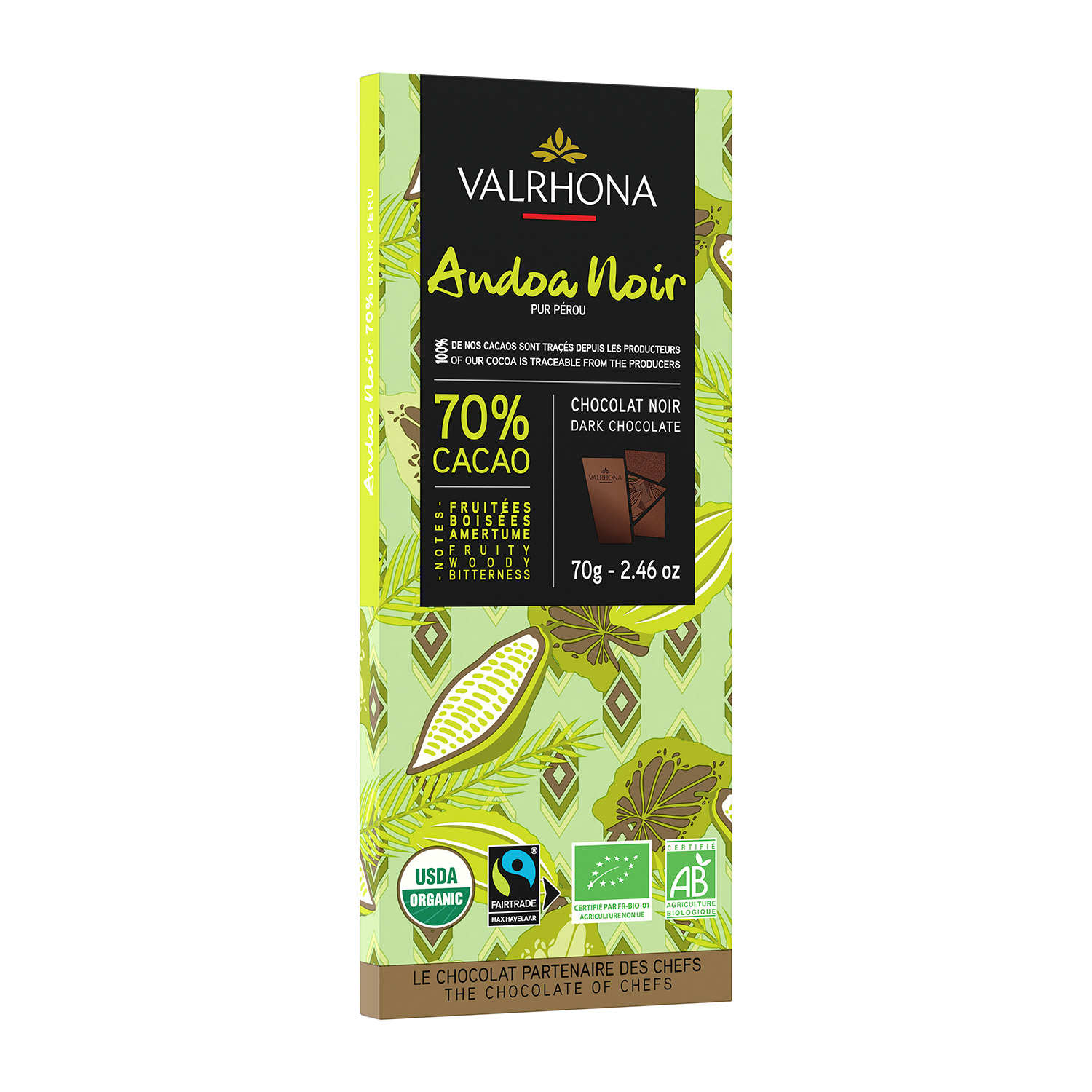 Tablette de chocolat noir Andoa 70% bio et équitable Valrhona