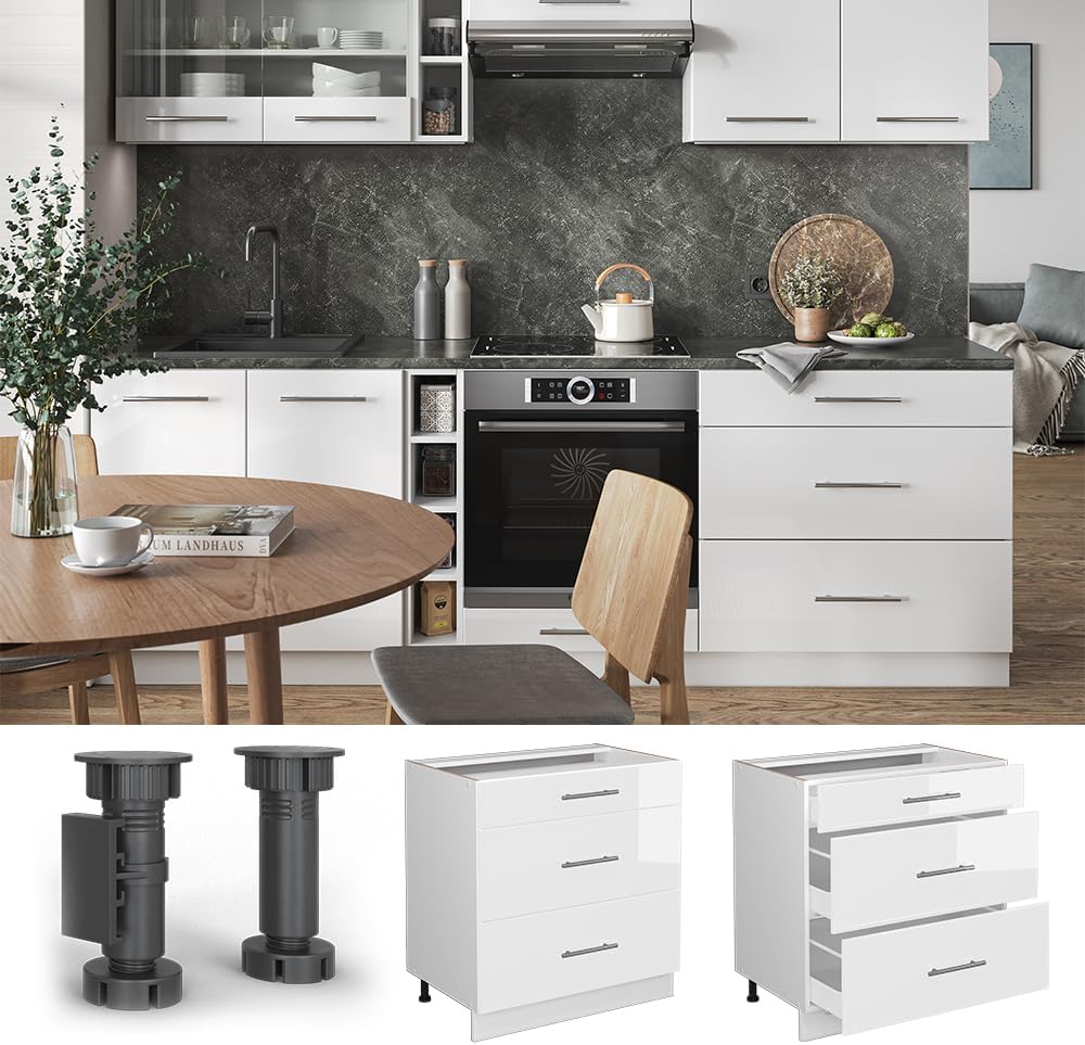 Vicco Küchenunterschrank Fame-Line, Weiß Hochglanz/Weiß, 80 cm mit 3 Schubladen, ohne Arbeitsplatte