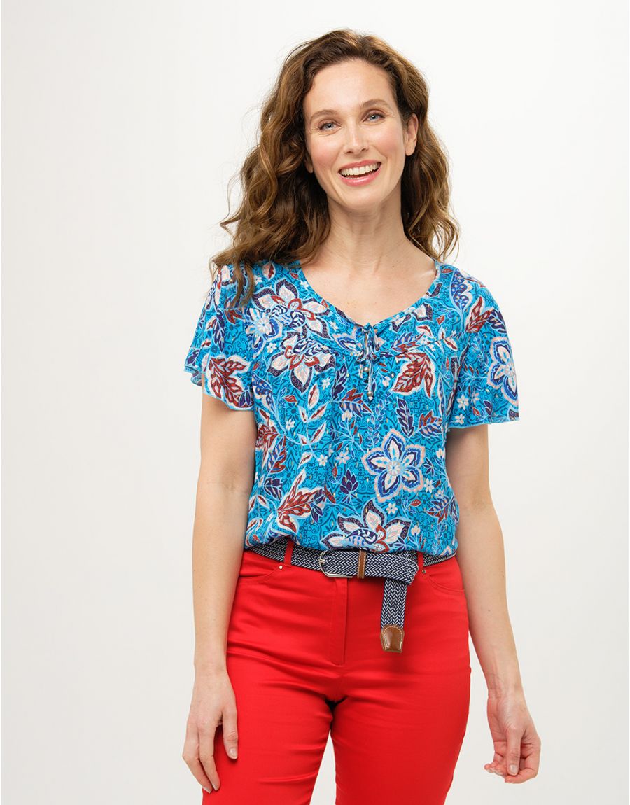 Blouse turquoise fleurs