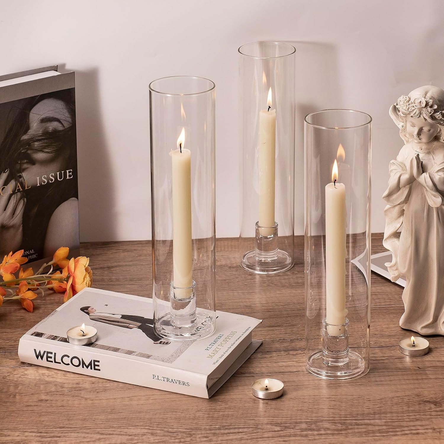 (2er Set) Glas Deko Kerzen Ständer Windlicht Home Accessoire Stabkerzen Halter - Transparent