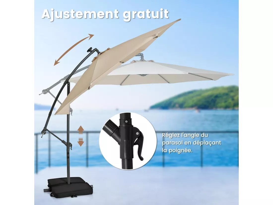 Parasol Déporté 3x3M, Grand Parasol de Jardin Extérieur Lumineux LED Solaire avec 2 Sacs de Sable, Base Croisée, Parasol Inclinable avec Manivelle, pour Balcon, Jardin, Terrasse Plage (Beige)