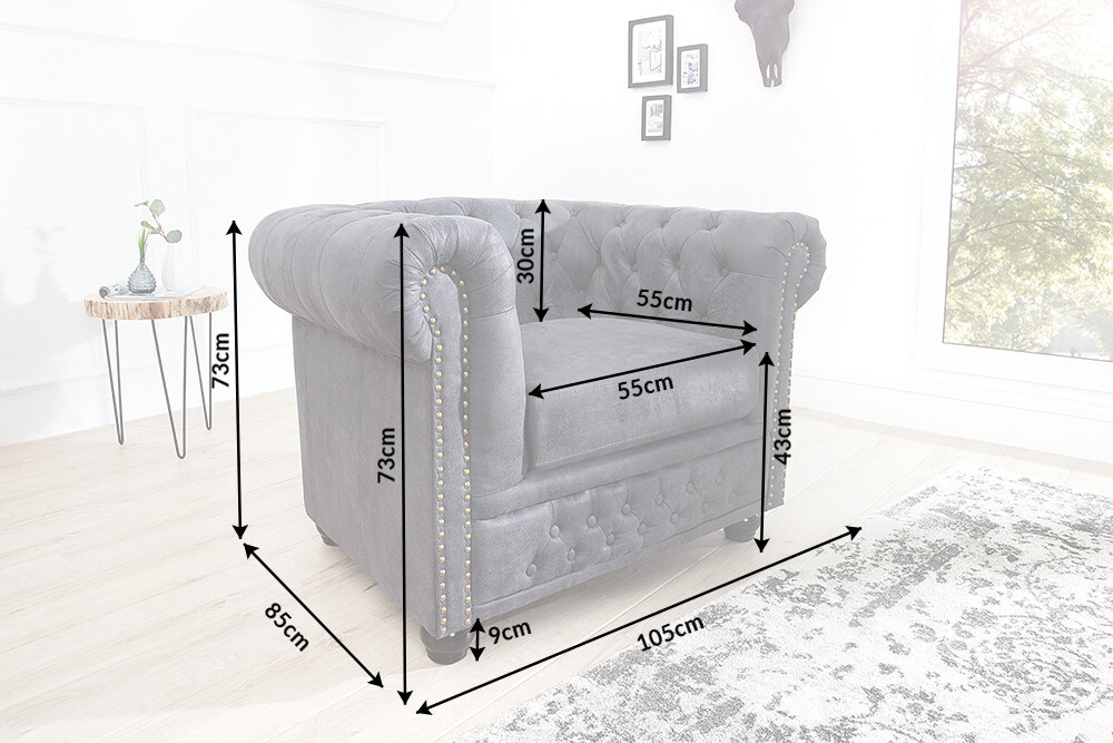 Chesterfield Sessel 105cm antik grau mit Knopfheftung und Federkern
