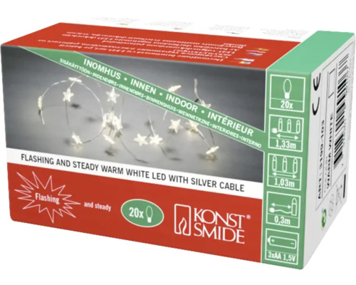 LED-lichtsnoer, op batterijen, Konstsmide-sterren, 20 LED's, warm wit licht