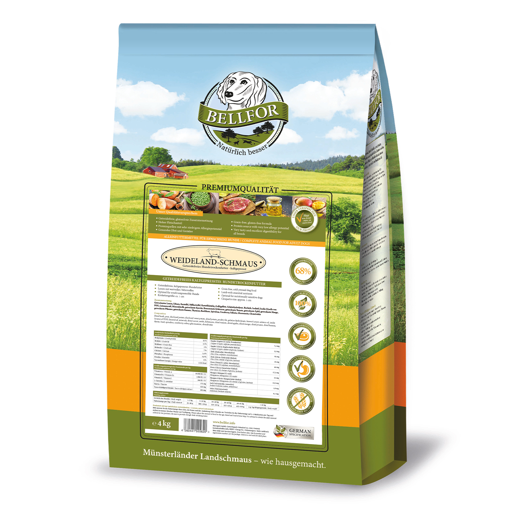 Nourriture sèche sans céréales pour chiens avec agneau - weideland-schmaus - 4 kg