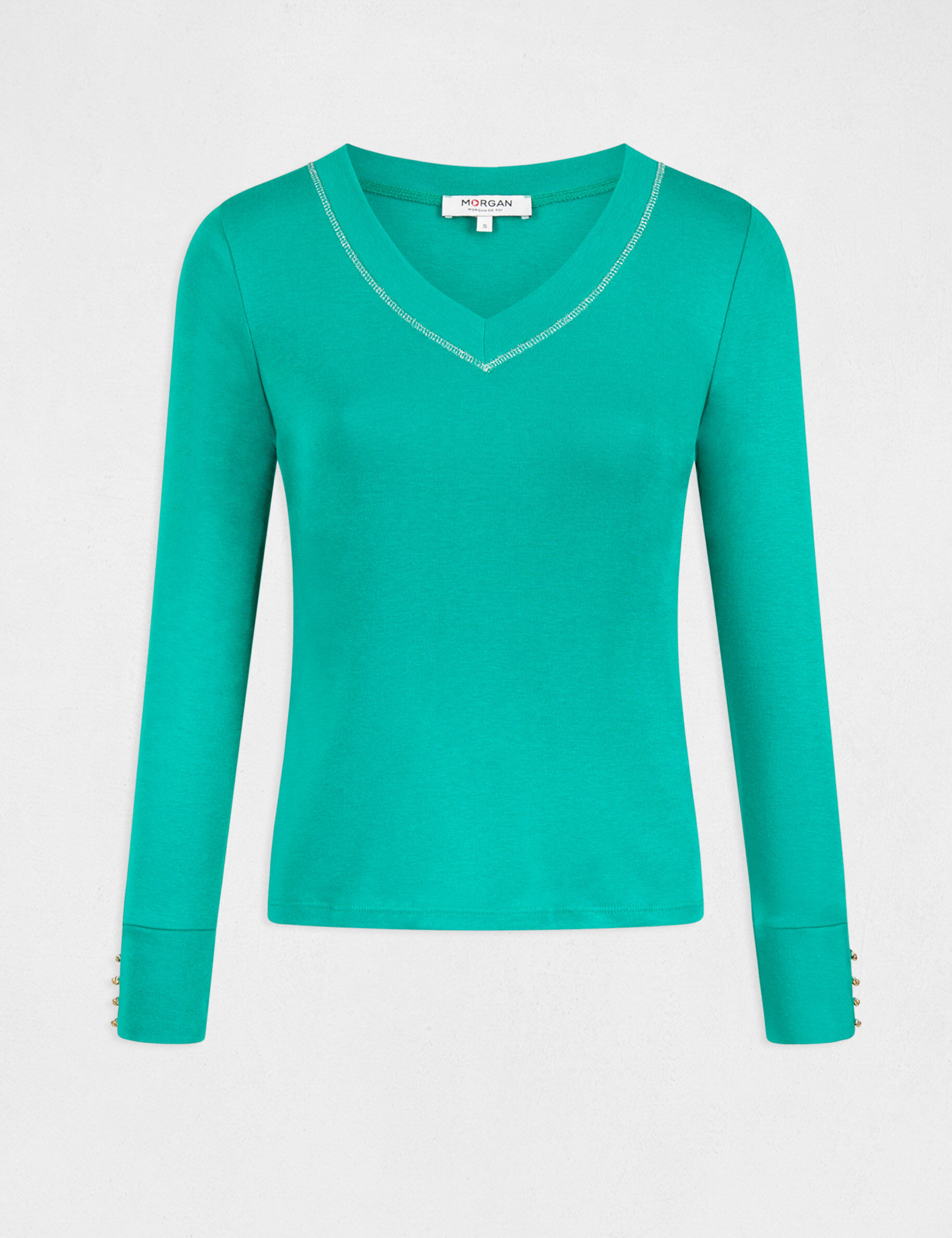 T-shirt manches longues avec col en V vert moyen femme - vert_moyen