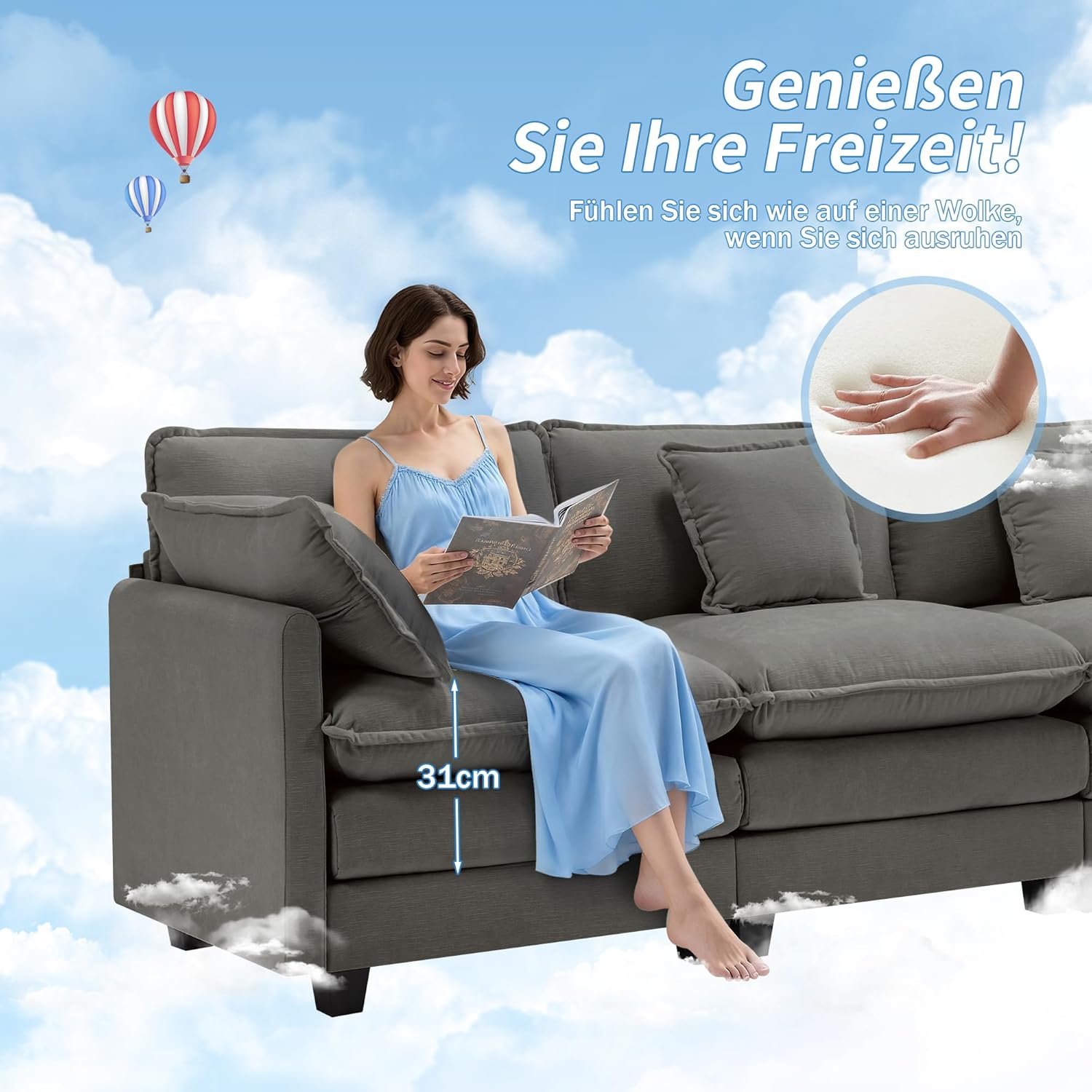 Sofa U Form, Bequeme Cloud Couch 6 Sitzer mit 2 Ottomane Sektionssofa, Atmungsaktivem Chenille-Stoff, Couch für Wohnzimmer Schlafzimmer, Dunkelgrau