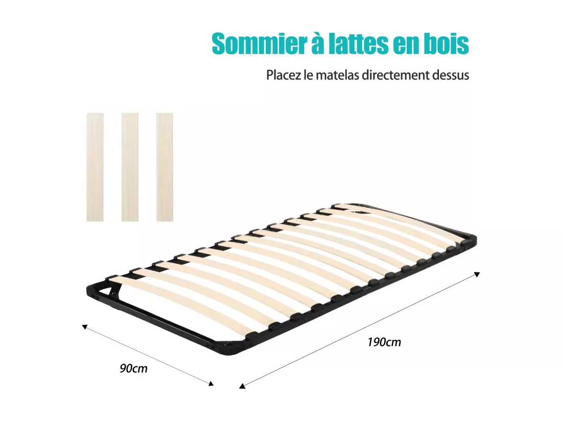 Sommier 90x190cm sans Pied - Sommiers à Lattes en Bois - 14 Lattes