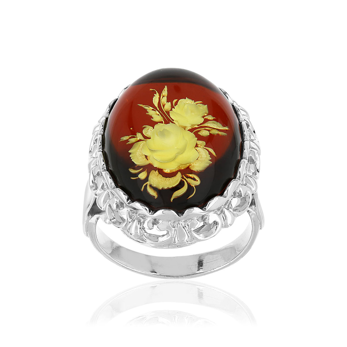 Bague argent 925 fleurs ambre