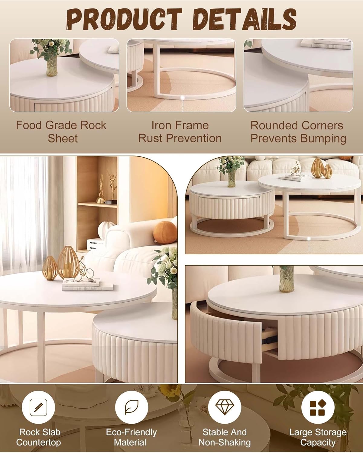 Weiss Couchtisch Rund 2er Set Moderner Hochglanz Sofatisch Beistelltisch Für Wohnzimmer, 50+70cm Nested Runder Couchtisch Wohnzimmertisch Kaffeetisch Satztische Für Schlafzimmer