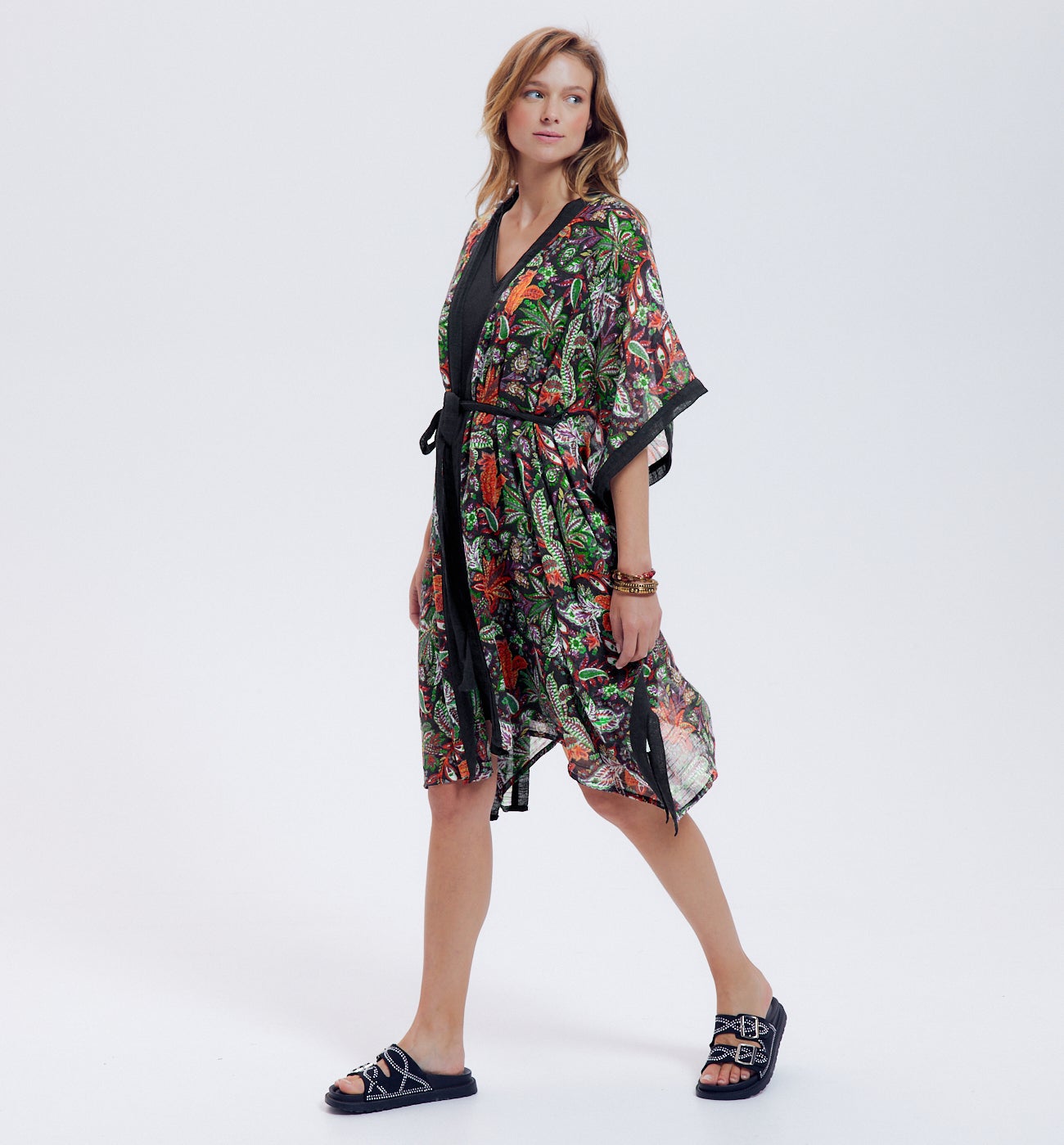 Kimono ceinturé imprimé - Imprimé noir