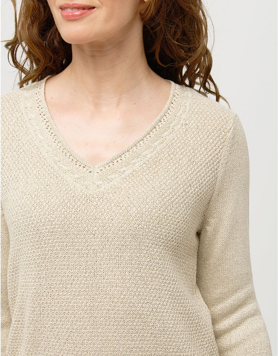 Pull maille beige fils or