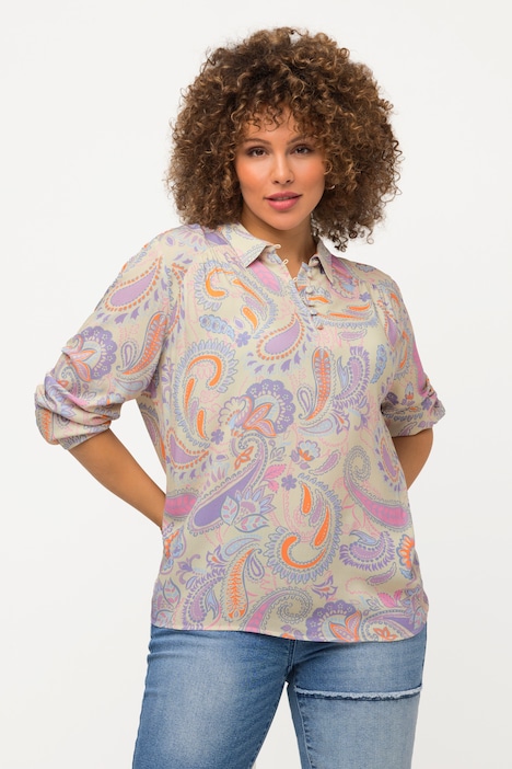 Bluse, Paisley, Hemdkragen, Langarm, hinten länger