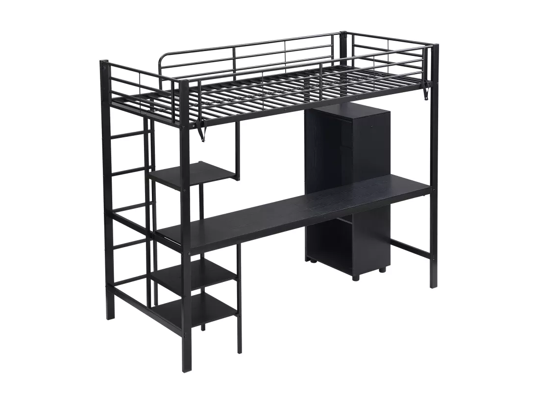 Lit mezzanine 90x200 cm - avec table et penderie - avec échelle 5 marches - fer + panneaux de particules - noir (sans matelas)