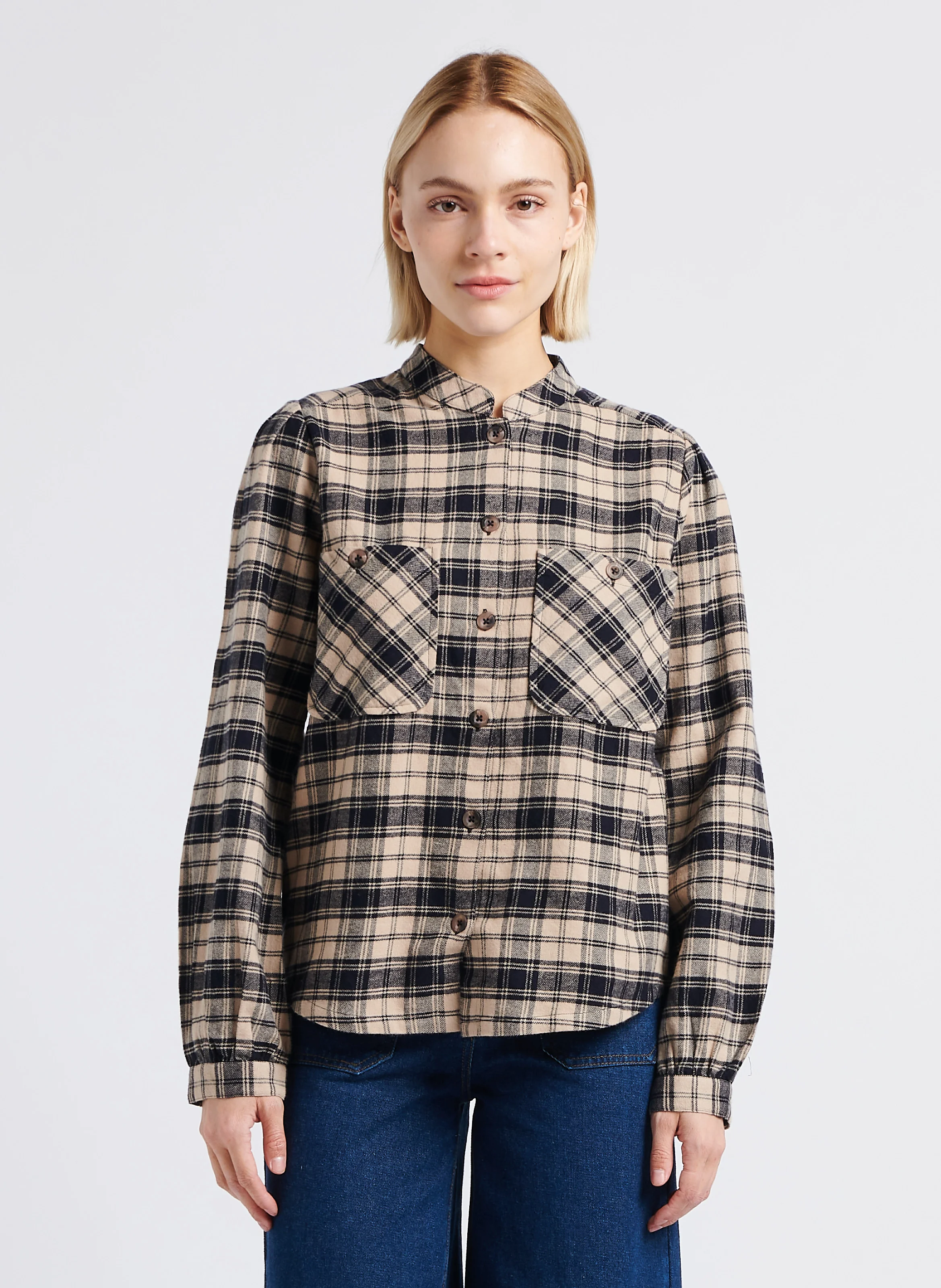 CHRONO - Blouse col rond à carreaux en coton| Noir