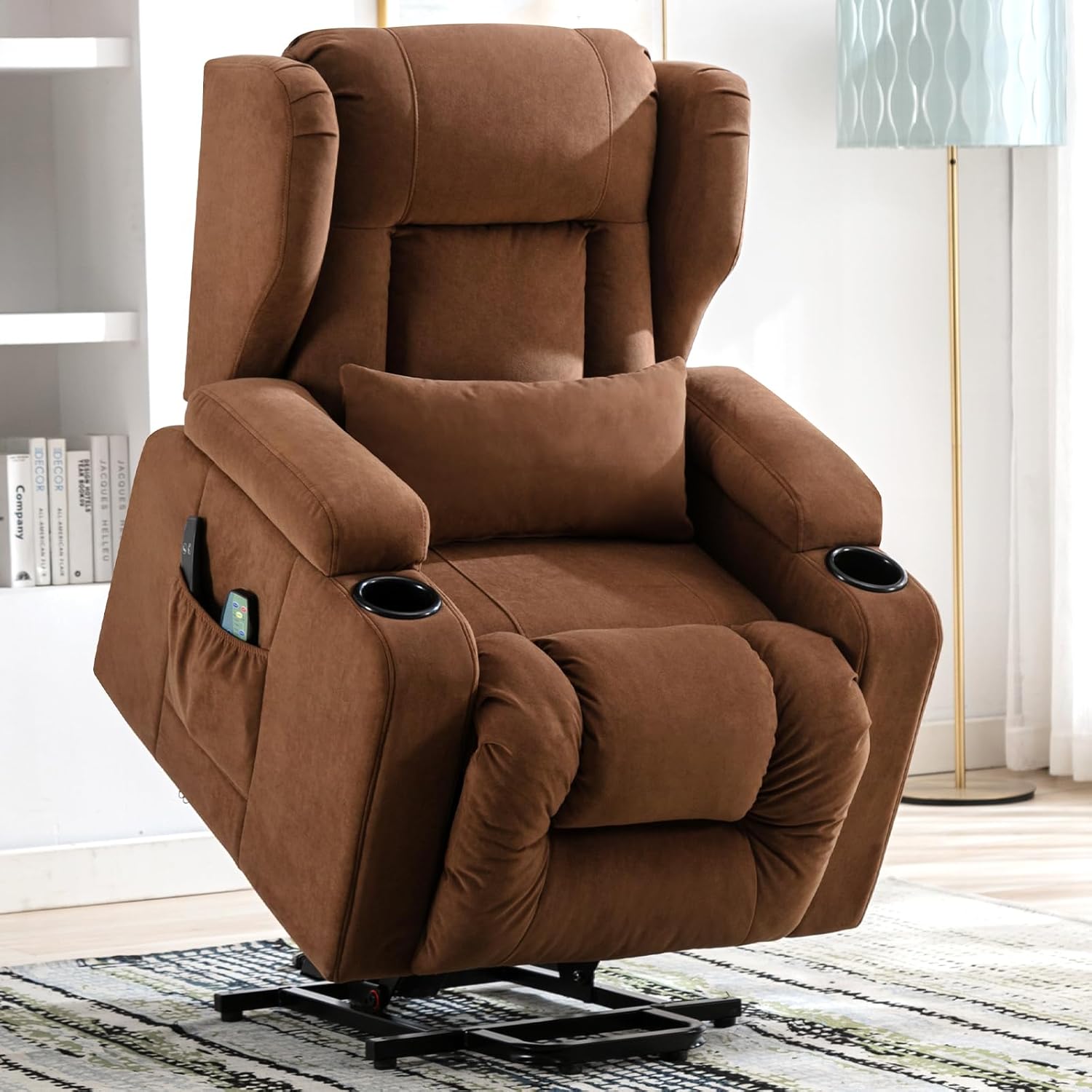 COMHOMA Elektrischer Relaxsessel, Wohnzimmer, Massage, TV, neigbar, Vibration, Stehfunktion, verstellbare Rückenlehne mit Fußstütze und Getränkehalter, brauner Stoff
