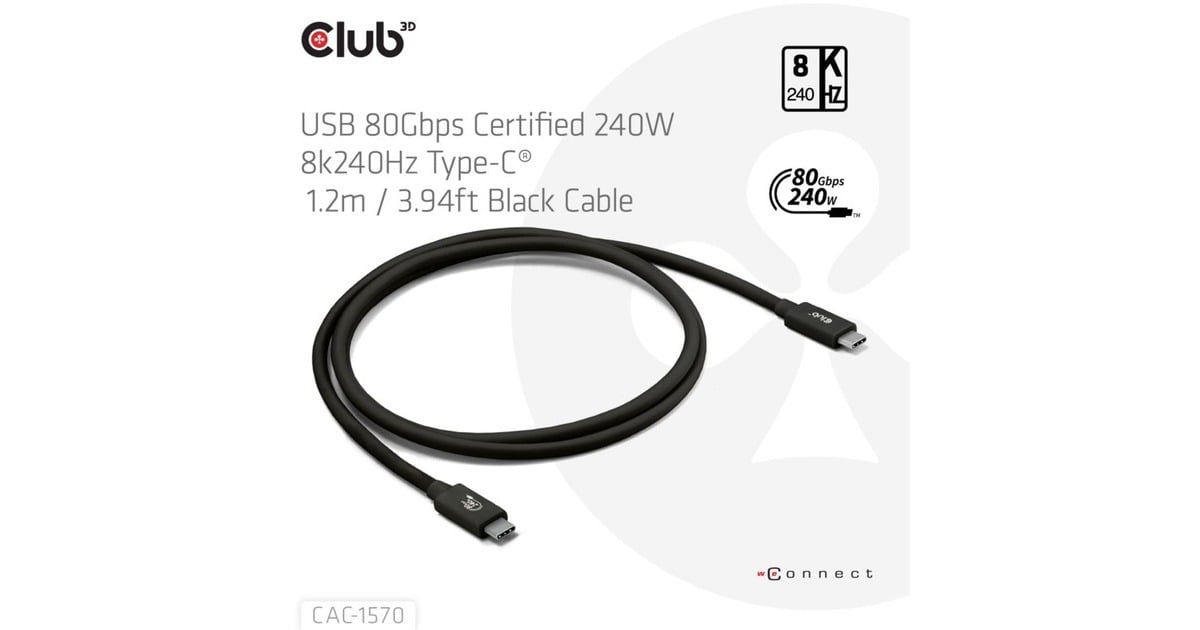 Club 3DUSB-C 80Gbps Certified 240W 8k 240Hz kabel  (Zwart, 1.2m)