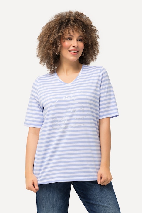Shirt, Ringel, Metallic-Tier, V-Ausschnitt, Halbarm