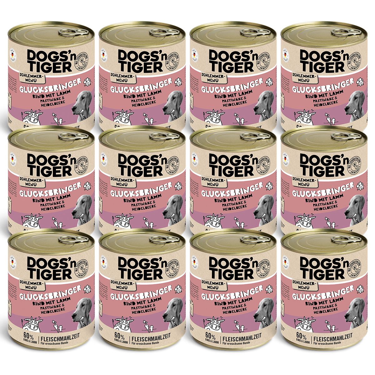 Dogs’n Tiger Adult Hundefutter, Glücksbringer, Nassfutter, Getreidefrei, Rind & Lamm