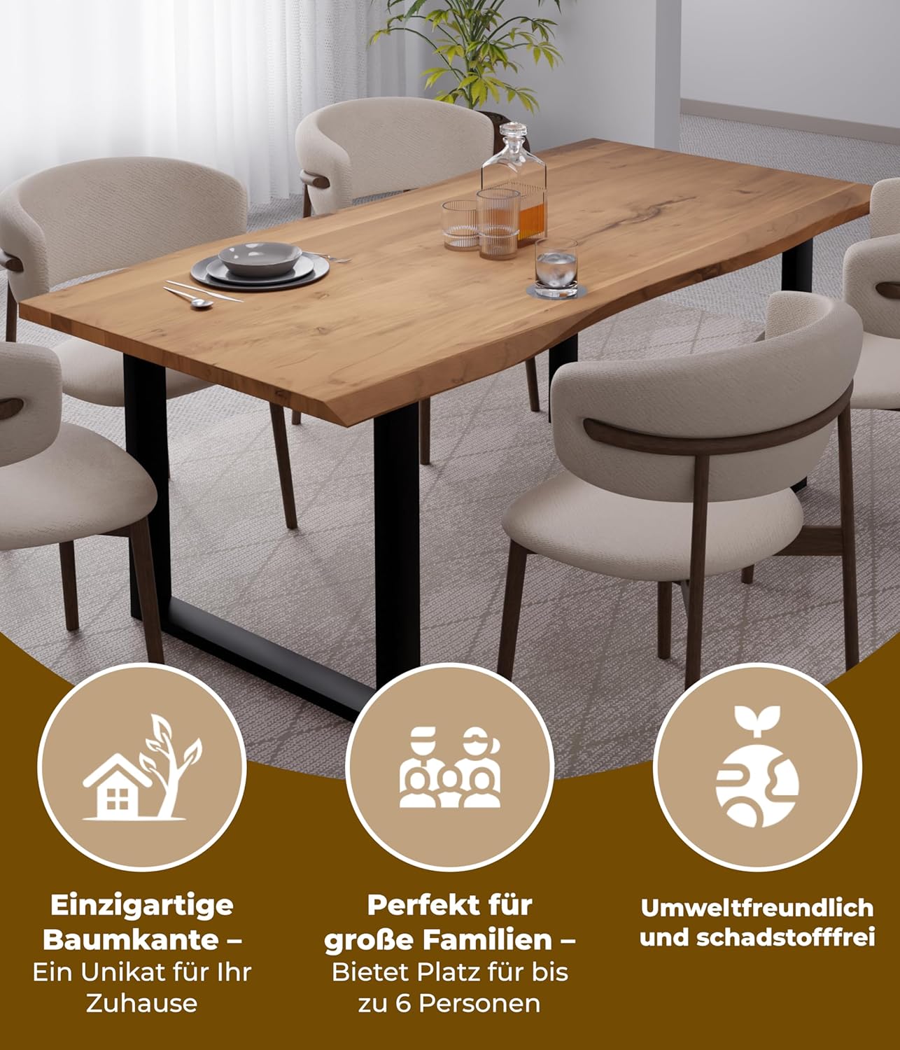 Baumkantentisch 200x100 cm – Tischplatte 3,6 cm – Massivholz Esstisch aus Akazienholz mit U-Gestell, echte Baumkante, naturfarben – Handgefertigt & robust – inkl. Lieferung an den Wunschort