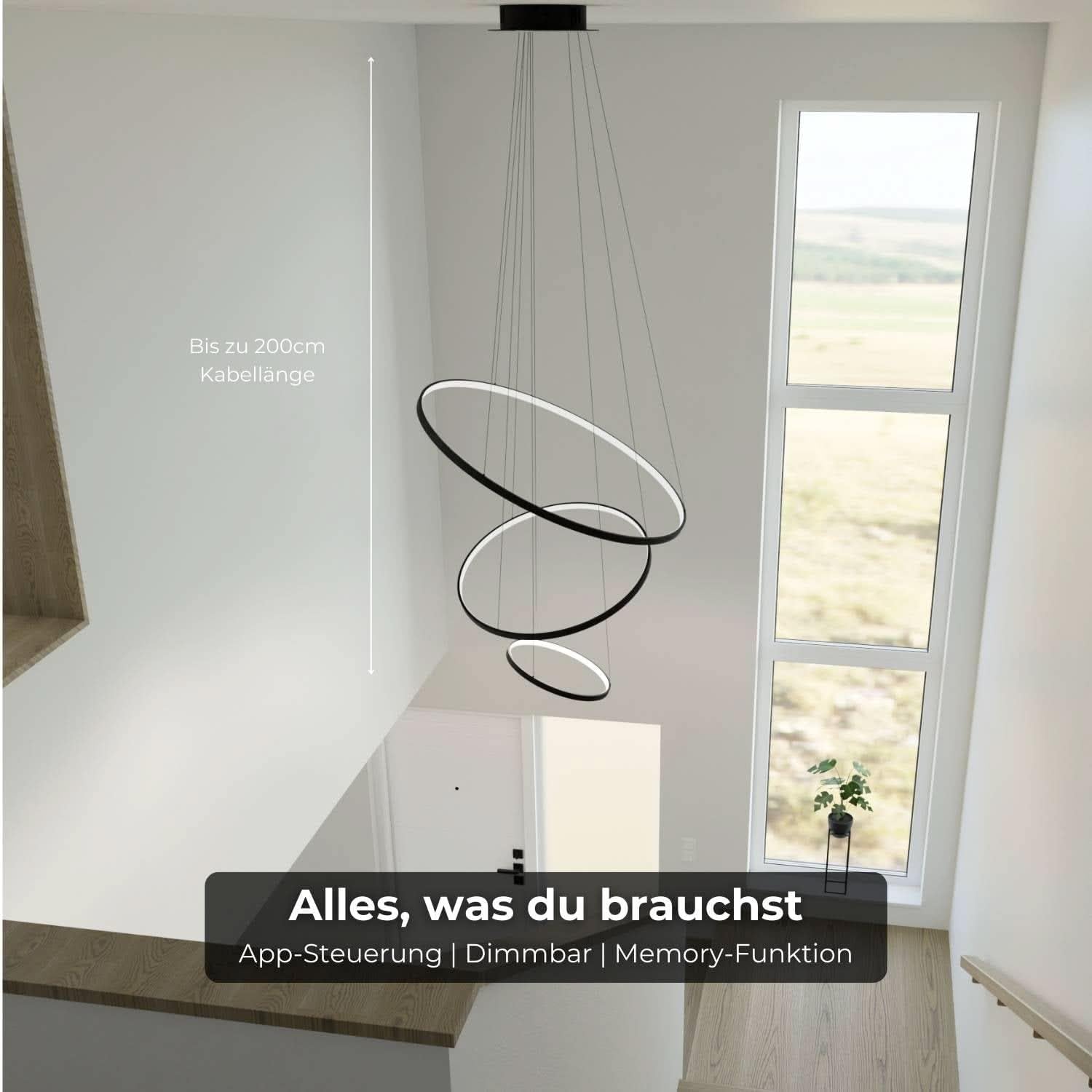 Deckenleuchte Pendelleuchte 'Omeva' dimmbar LED 3 Ringe Wohn & Esszimmer Moderne Hängelampe Esstisch Smart Home Amazon Alexa Google Home Tuya schwarz