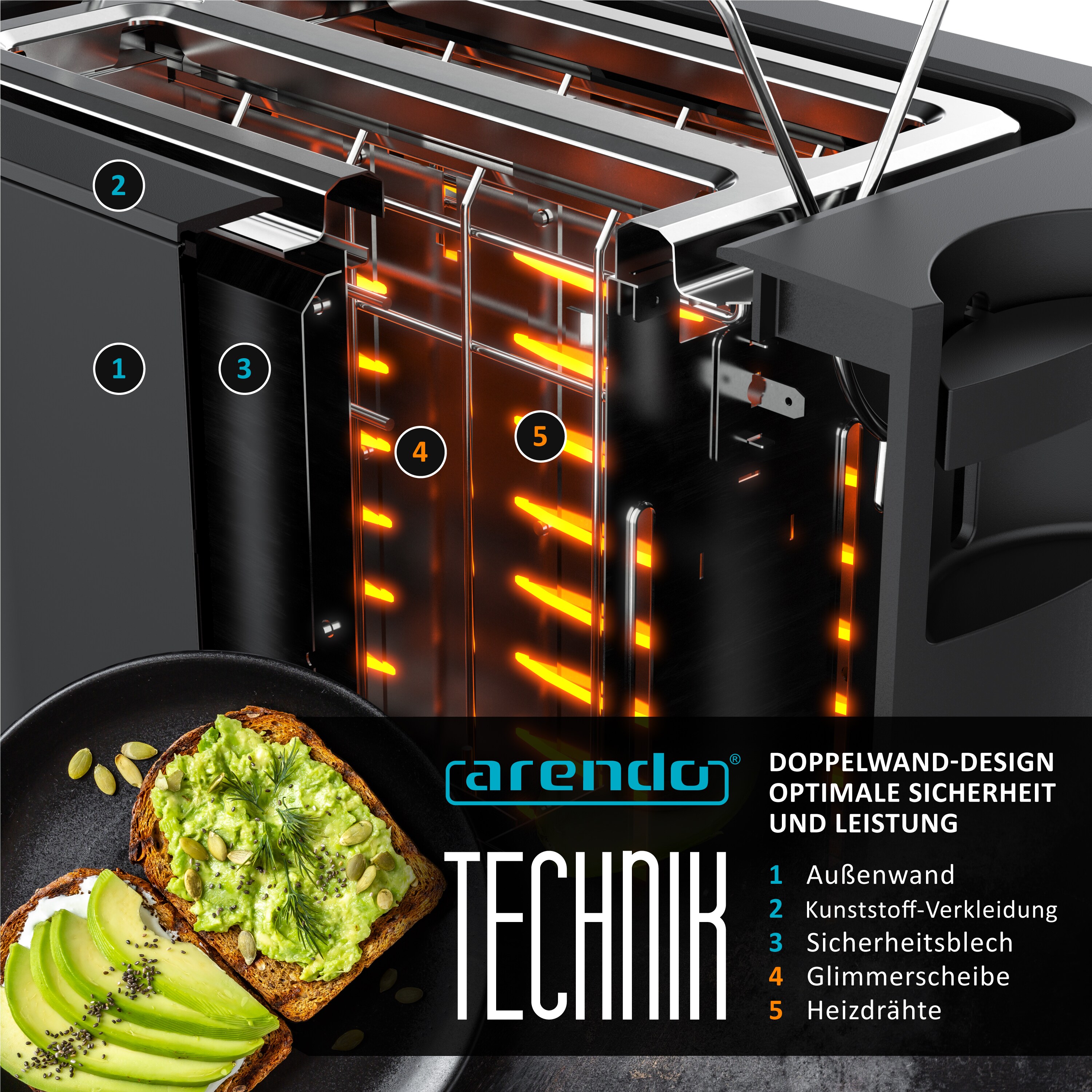 Arendo 2-Scheiben Toaster mit 6 Bräunungsstufen, LCD-Display mit Restzeitanzeige, 800 Watt, Auftaufunktion, Brötchenaufsatz, Schwarz