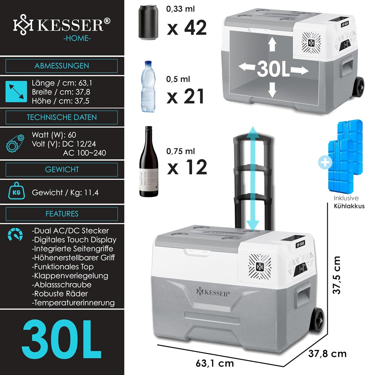 KESSER® Kompressor Kühlbox elektrisch Gefrierbox, 30 Liter Mit APP-Steuerung USB-Anschluss 12/24 V 230V, +Teleskopstange, 2x Kühlakkus Räder Kühlschrank Kühlung bis -20 °C für Auto, Lkw, Boot