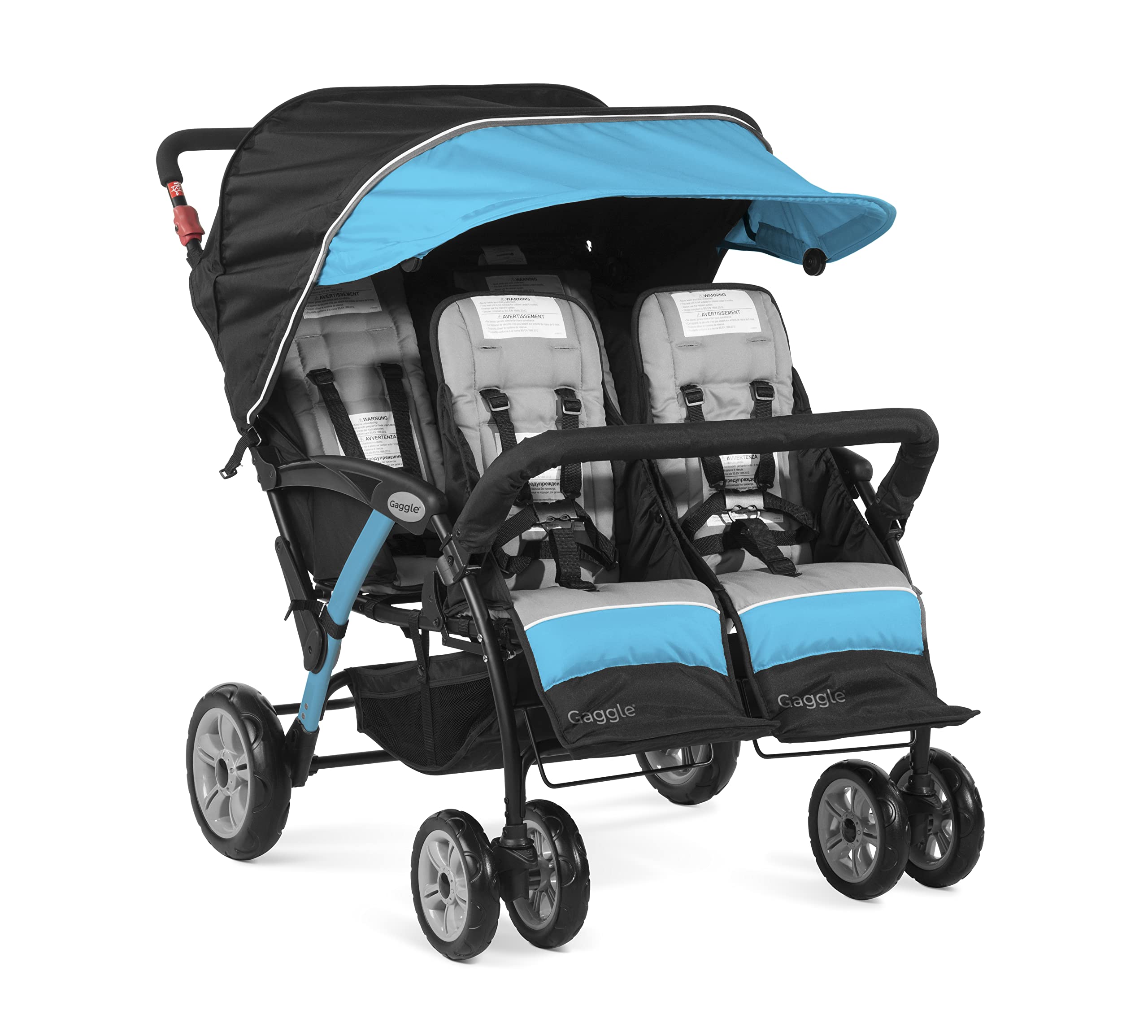 Carrinho de bebê Gaggle by Foundations Compass com 4 lugares, capota com proteção UV, cinto de segurança de 5 pontos, freio de pé e rodas sem câmara para todos os terrenos (verde-azulado).