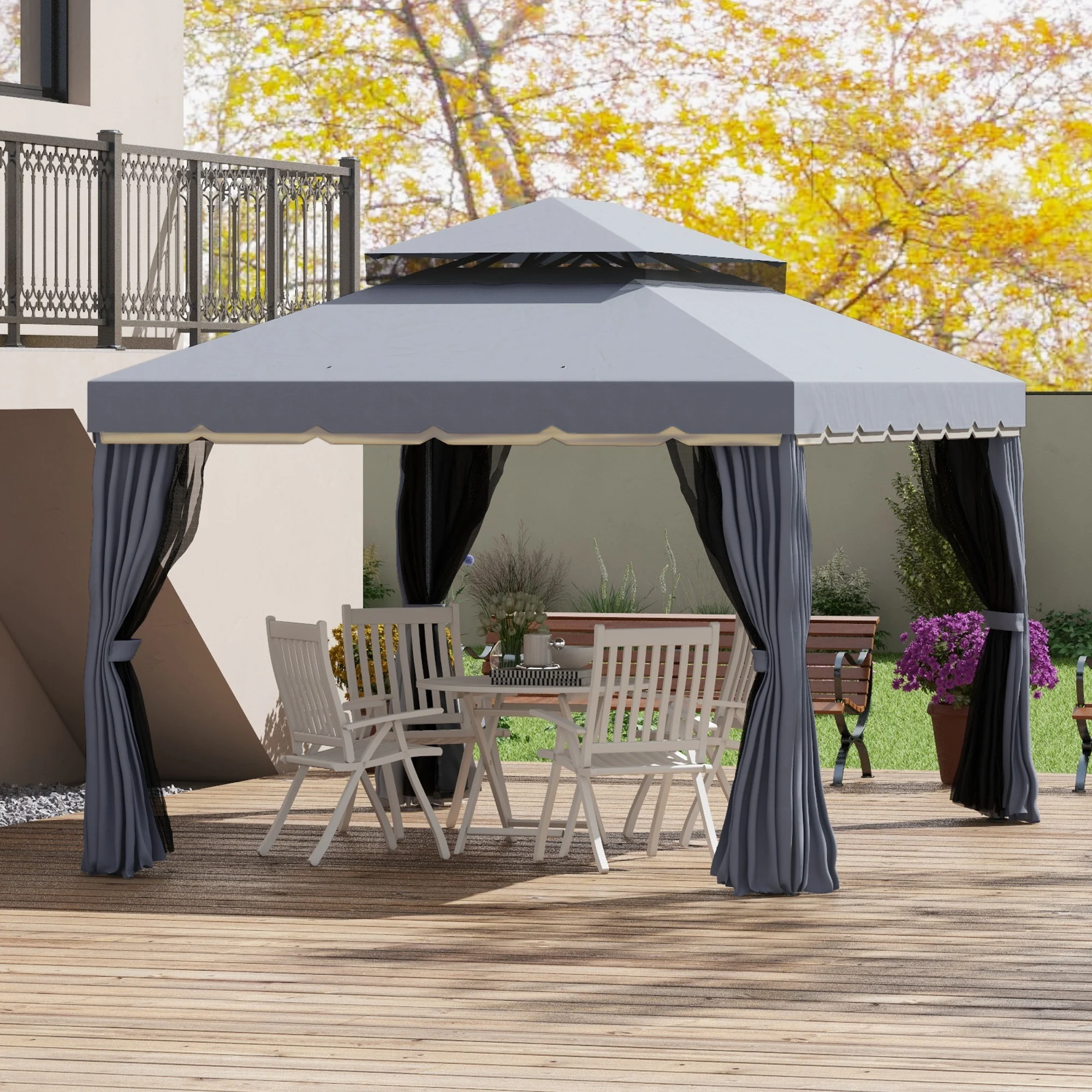 O conjunto de gazebo Outsunny inclui 1 gazebo de jardim de 4x3m com 4 cortinas laterais, 4 mosquiteiros e 1 cobertura extra de 4x3m para festas e eventos ao ar livre, nas cores cinza e bege.