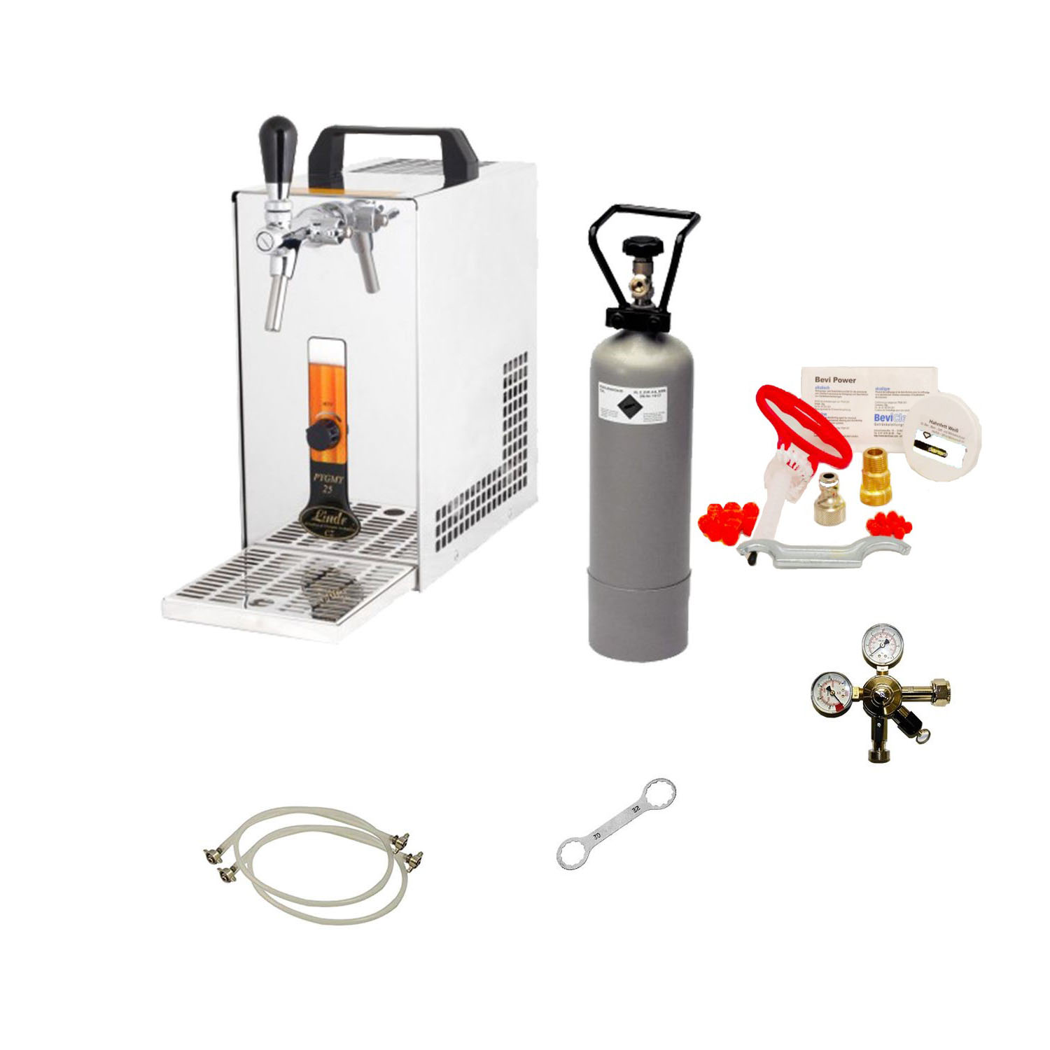 Komplett Set - Zapfanlage, Bierzapfanlage, Bierkoffer, Durchlaufkühler PYGMY 25 1-leitig Trockenkühler, 30 Liter/h, Reinigungsset für Zapfanlage und Keg, Zapfkopf:5 Liter Adapter