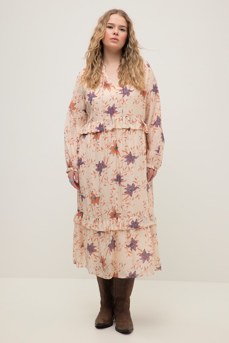 Maxikleid, A-Line, Blumen Print, Rüschen, Tunika-Ausschnitt, Langarm