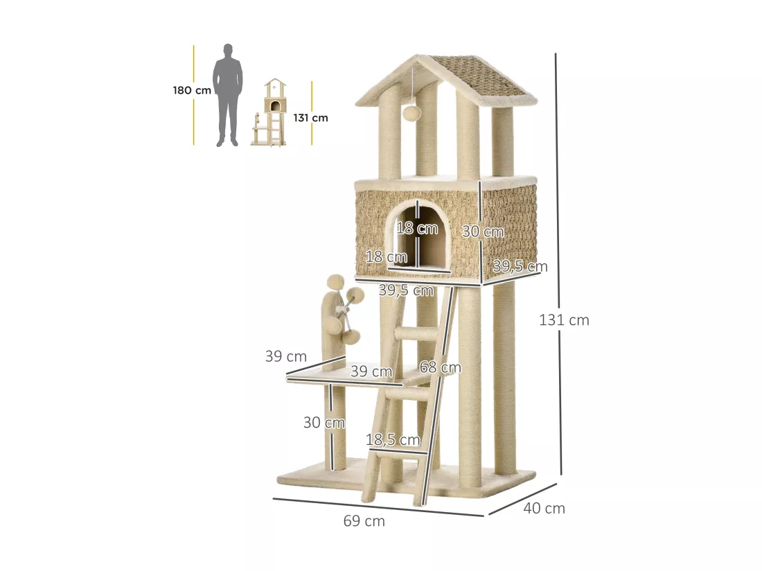 Arbre à chats style cosy chic griffoirs sisal naturel grande niche plateforme échelle jeu boules tourniquet peluche courte cordes d'algues tressées