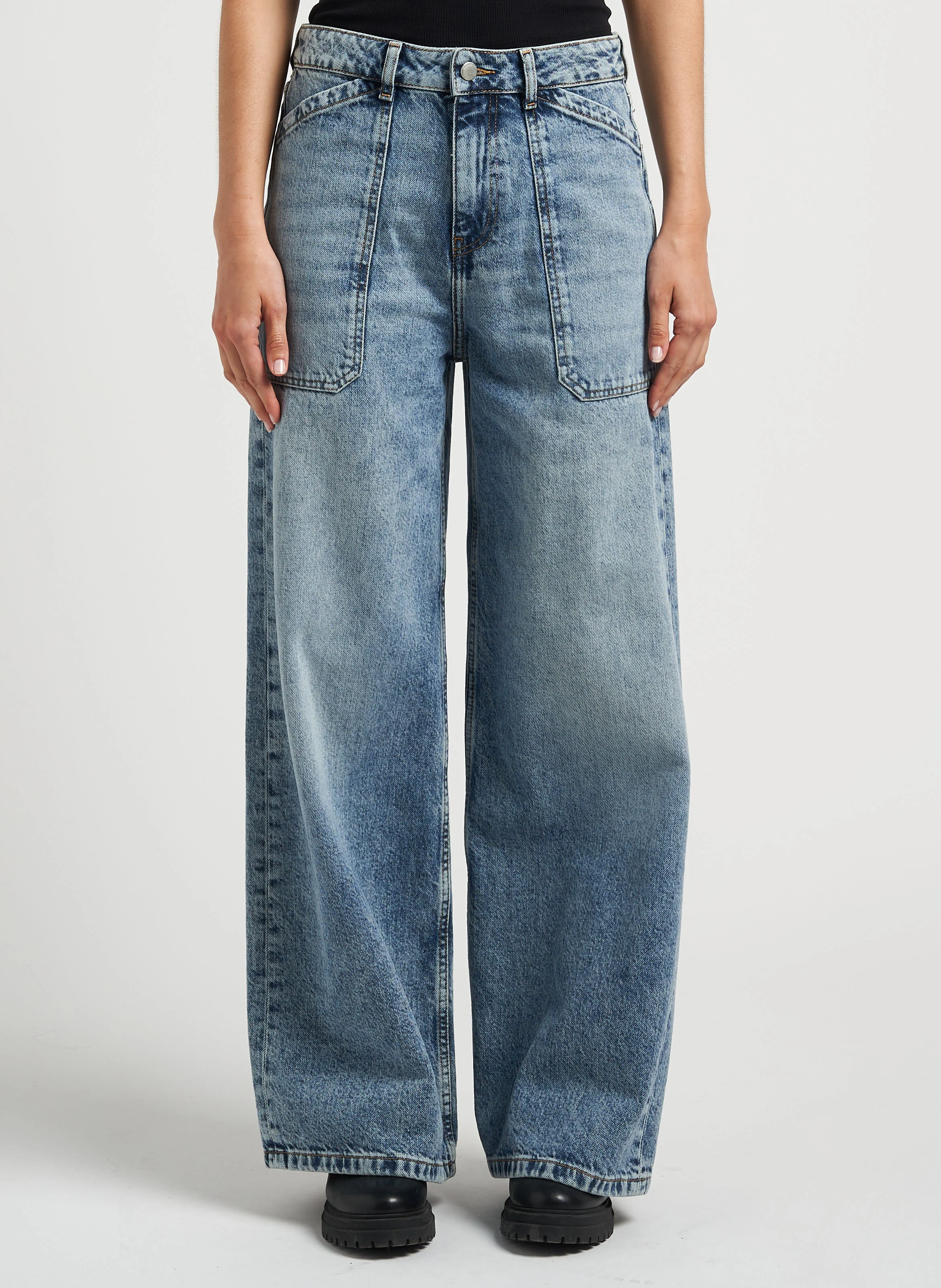 MELLOU - Jean large taille haute en denim de coton | Bleu