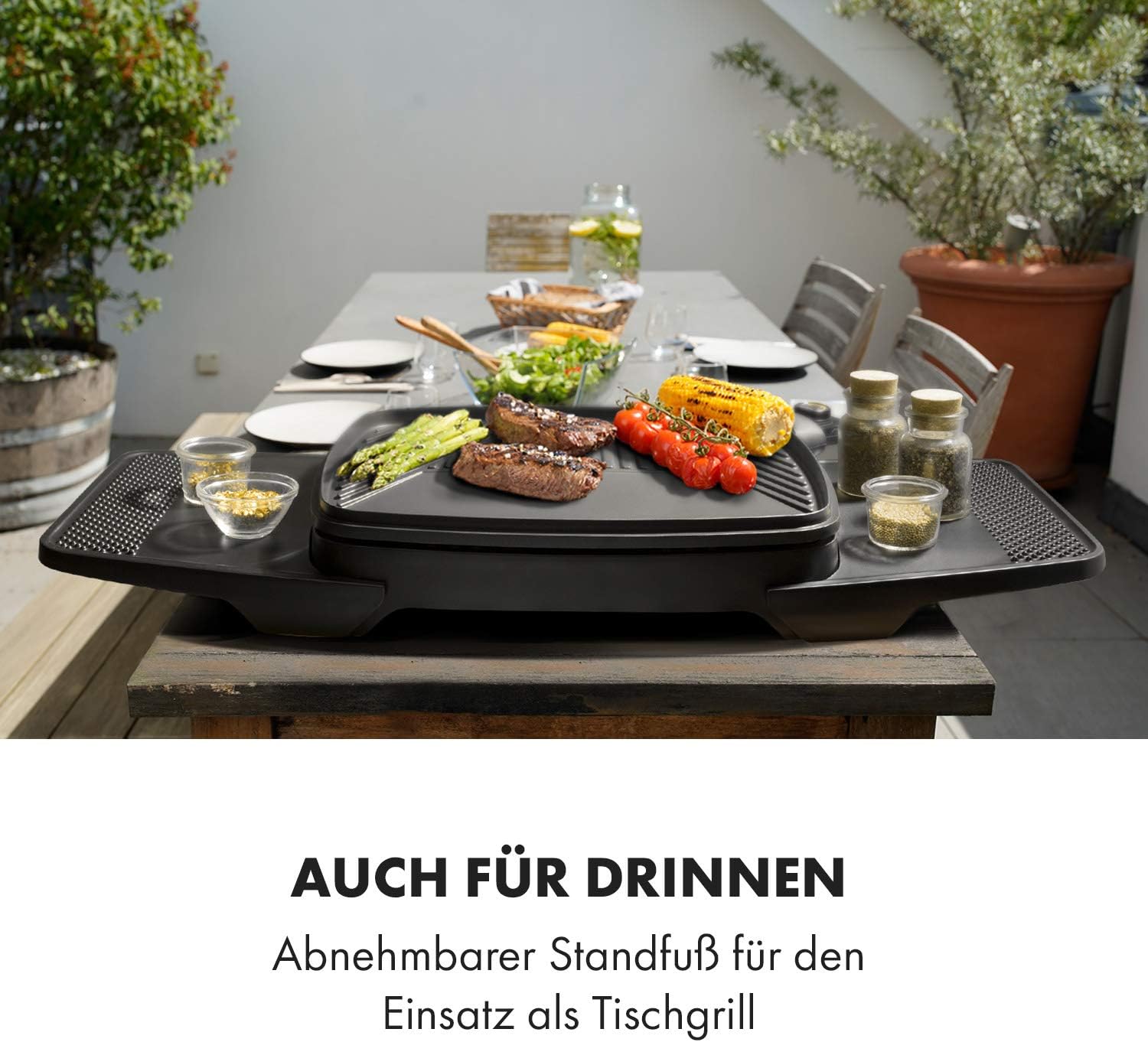 Klarstein Gatsby Elektrogrill Standgrill Tischgrill, Leistung: 2000 W, EasyGrill Concept, Grillfläche: 40 x 36 cm/Aluminiumdruckguss/Antihaft/Grillhaube, zwei Seitentische, schwarz